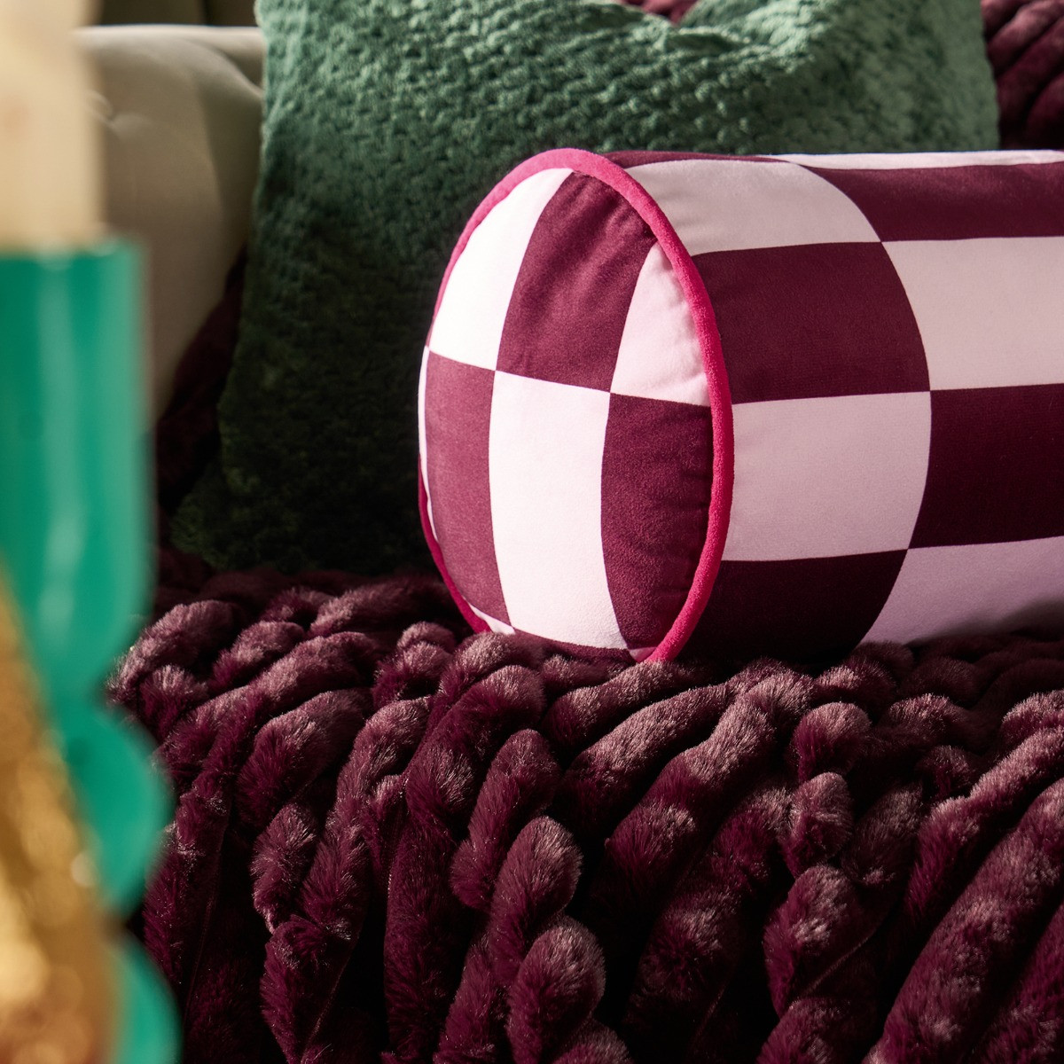 OHS Check Print Bolster Pillow - Pink/Burgundy>