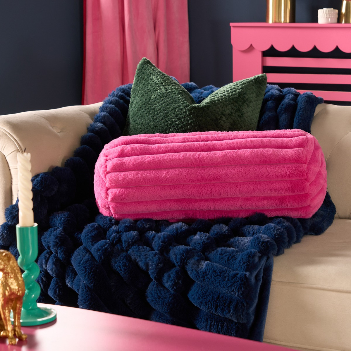 OHS Faux Fur Ribbed Bolster Pillow - Hot Pink>