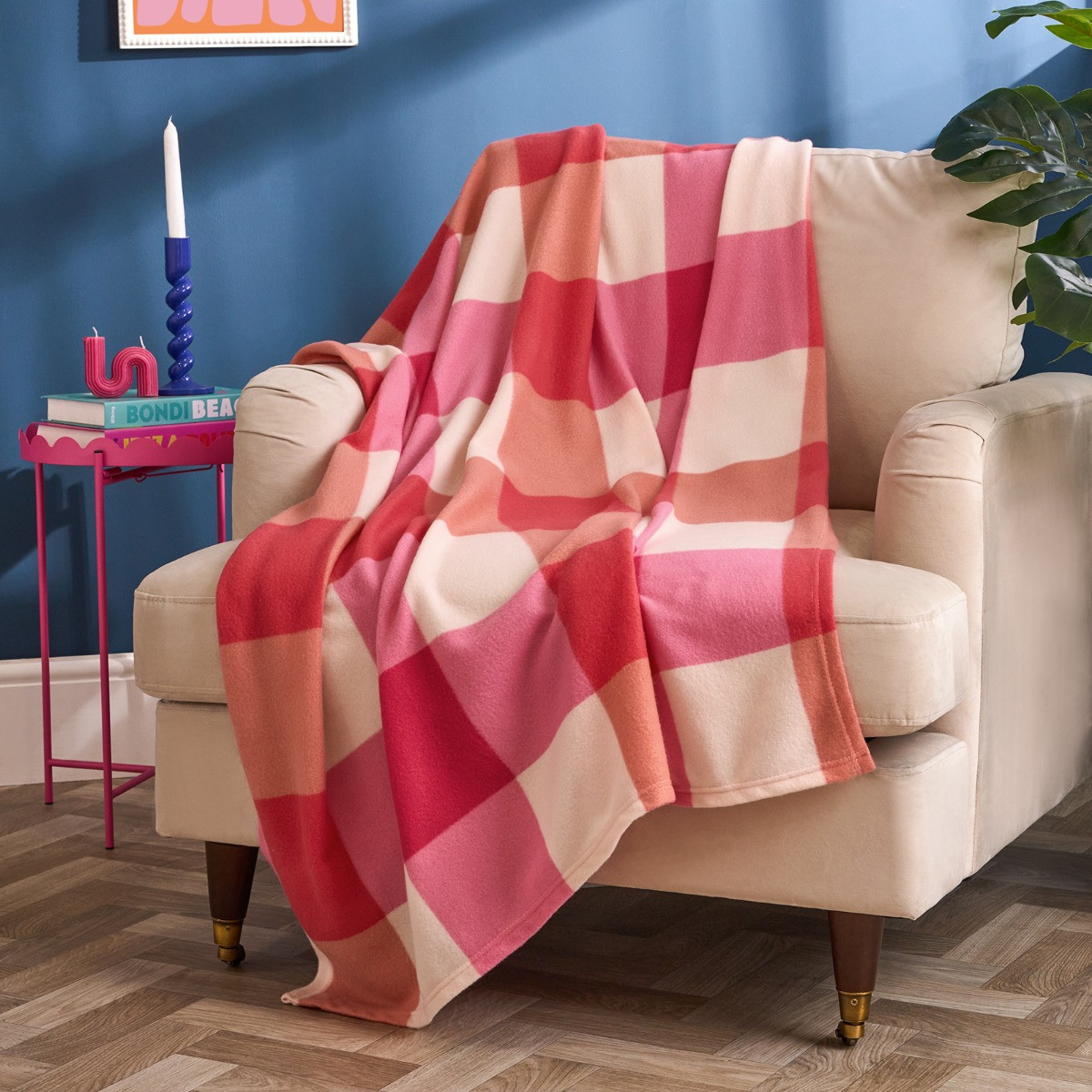 OHS Gingham Print Fleece Throw - Pink/Orange >
