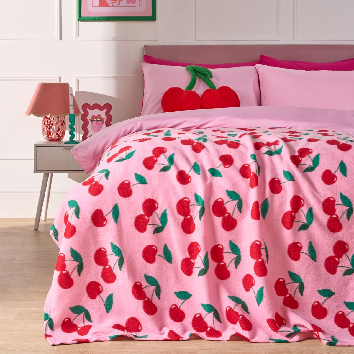 OHS Cherry Print Fleece Throw - Pink/Red>