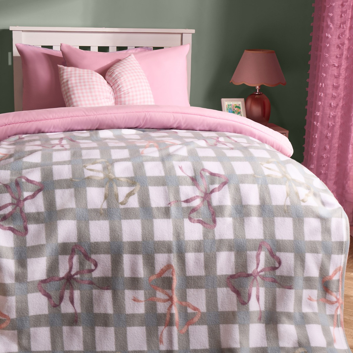 OHS Bow Gingham Print Fleece Throw - White/Grey>