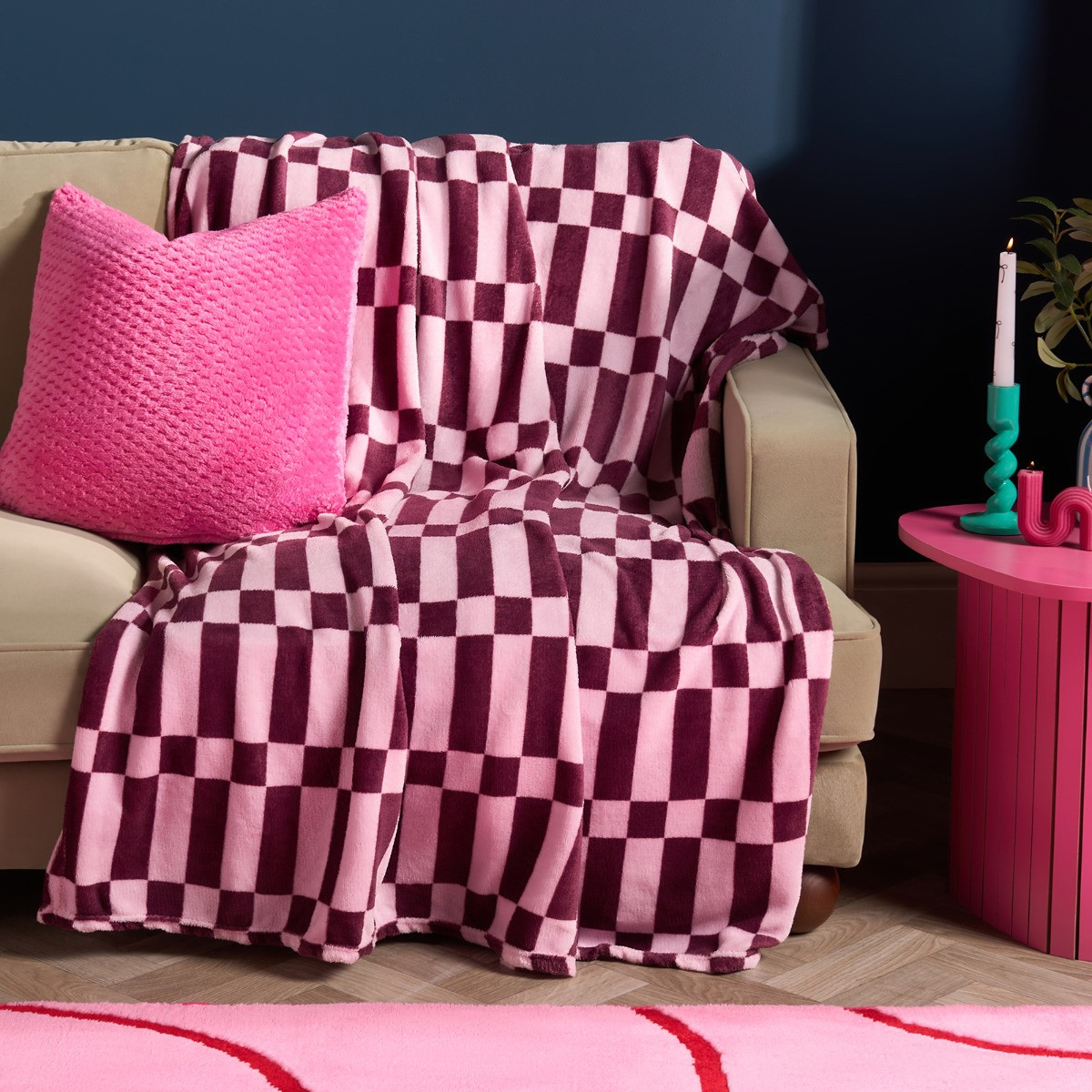 OHS Check Print Ultra Soft Throw - Pink/Burgundy>