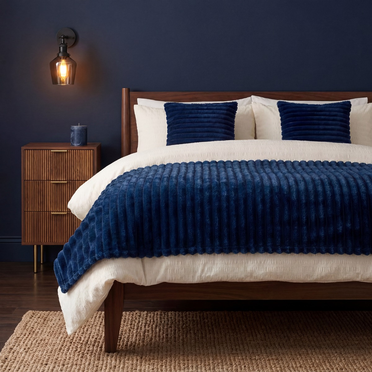 OHS Faux Fur Thick Ribbed Throw - Navy>