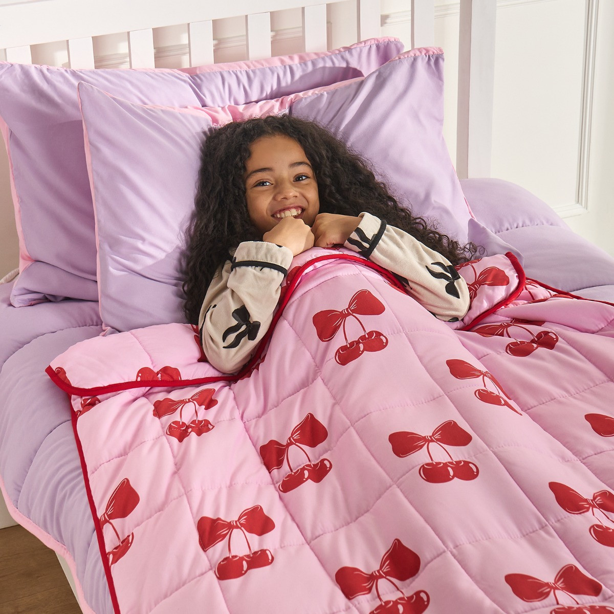 OHS Kids Cherry Bow Print Weighted Blanket, Pink/Red - 3kg>