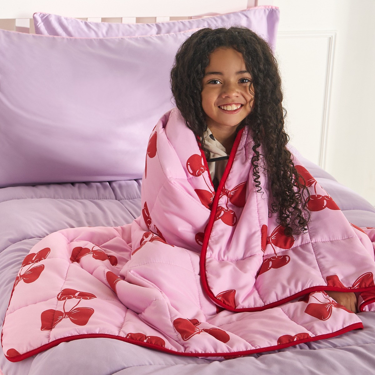OHS Kids Cherry Bow Print Weighted Blanket, Pink/Red - 3kg>