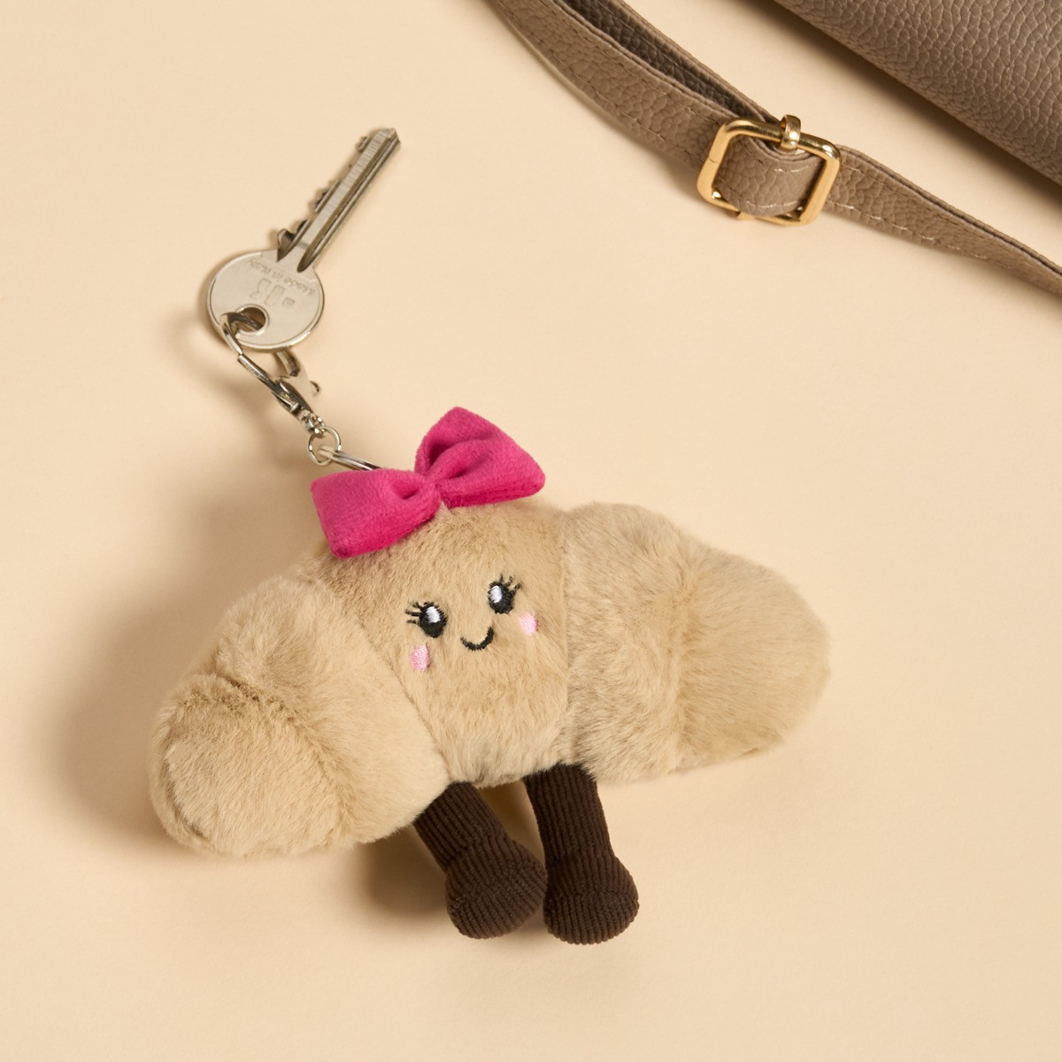 OHS Chloe The Bow Croissant Keyring - Natural/Hot Pink>