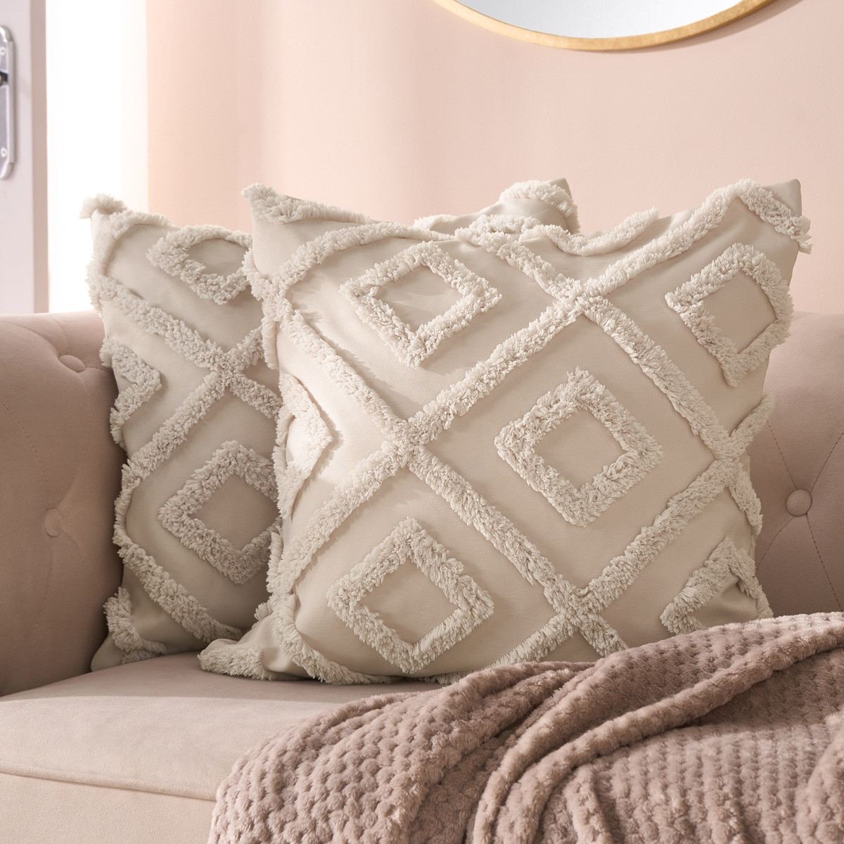 OHS Tufted Geometric Cushion Covers, Stone - 45 x 45cm>