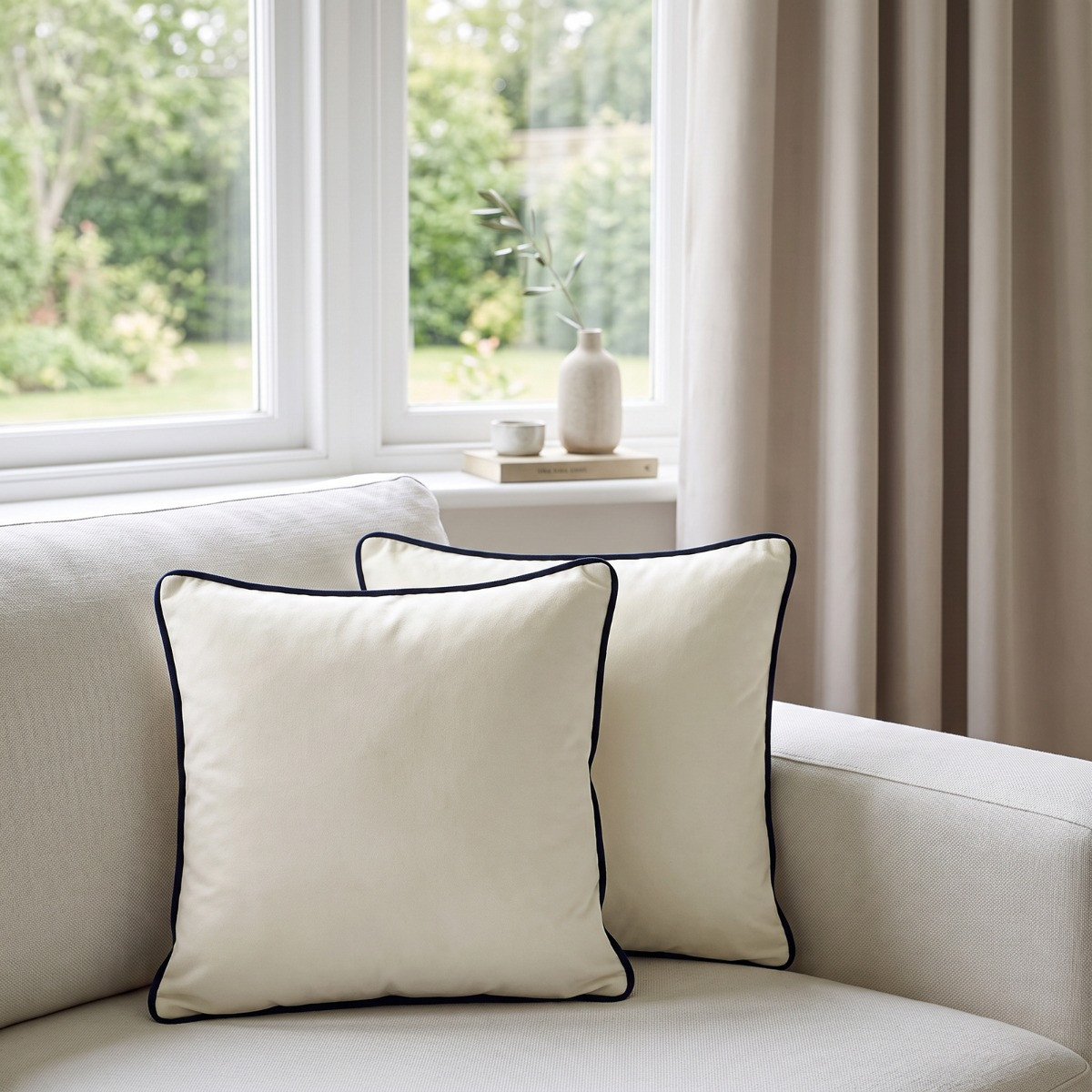 OHS Matte Velvet Piped Edge Cushion Covers - Cream>
