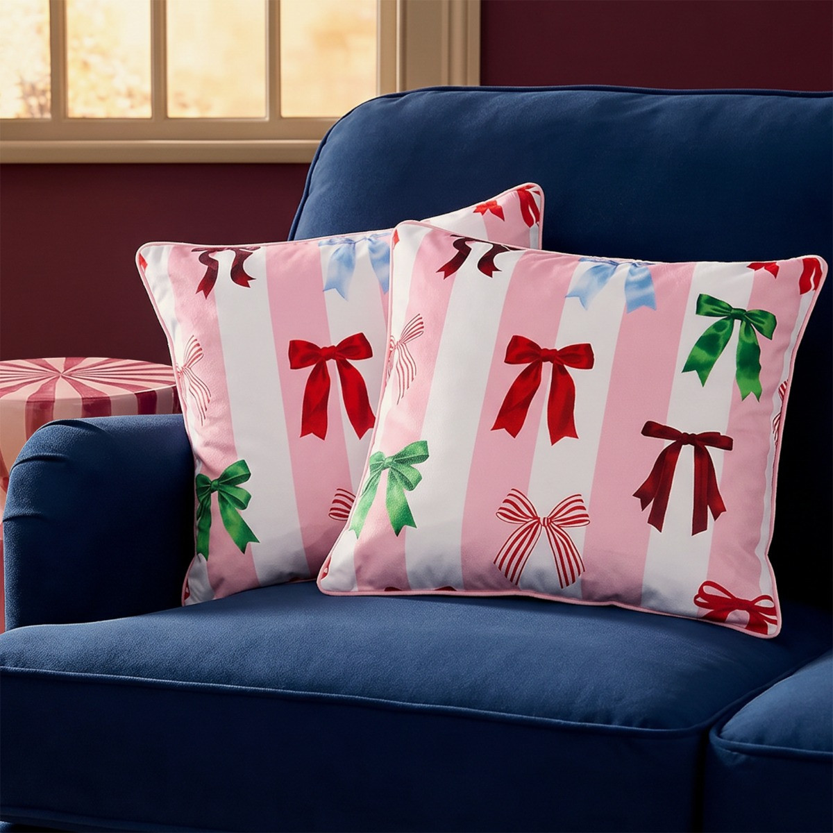 OHS Multi Bow Stripe Matte Velvet Cushion Covers - Pink/White>