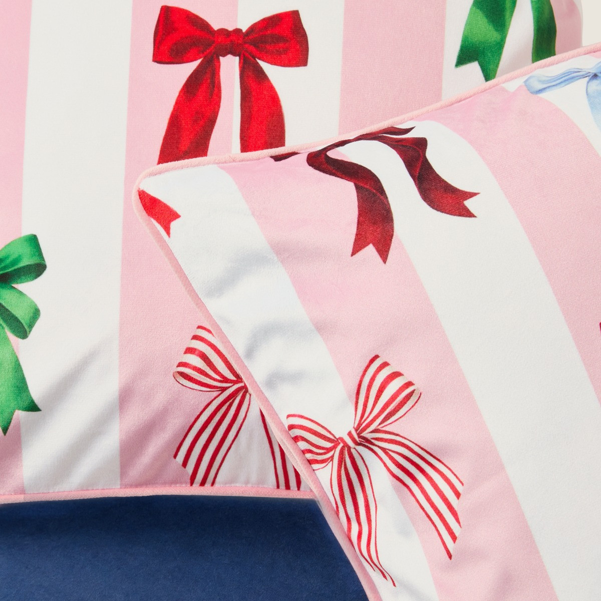 OHS Multi Bow Stripe Matte Velvet Cushion Covers - Pink/White>