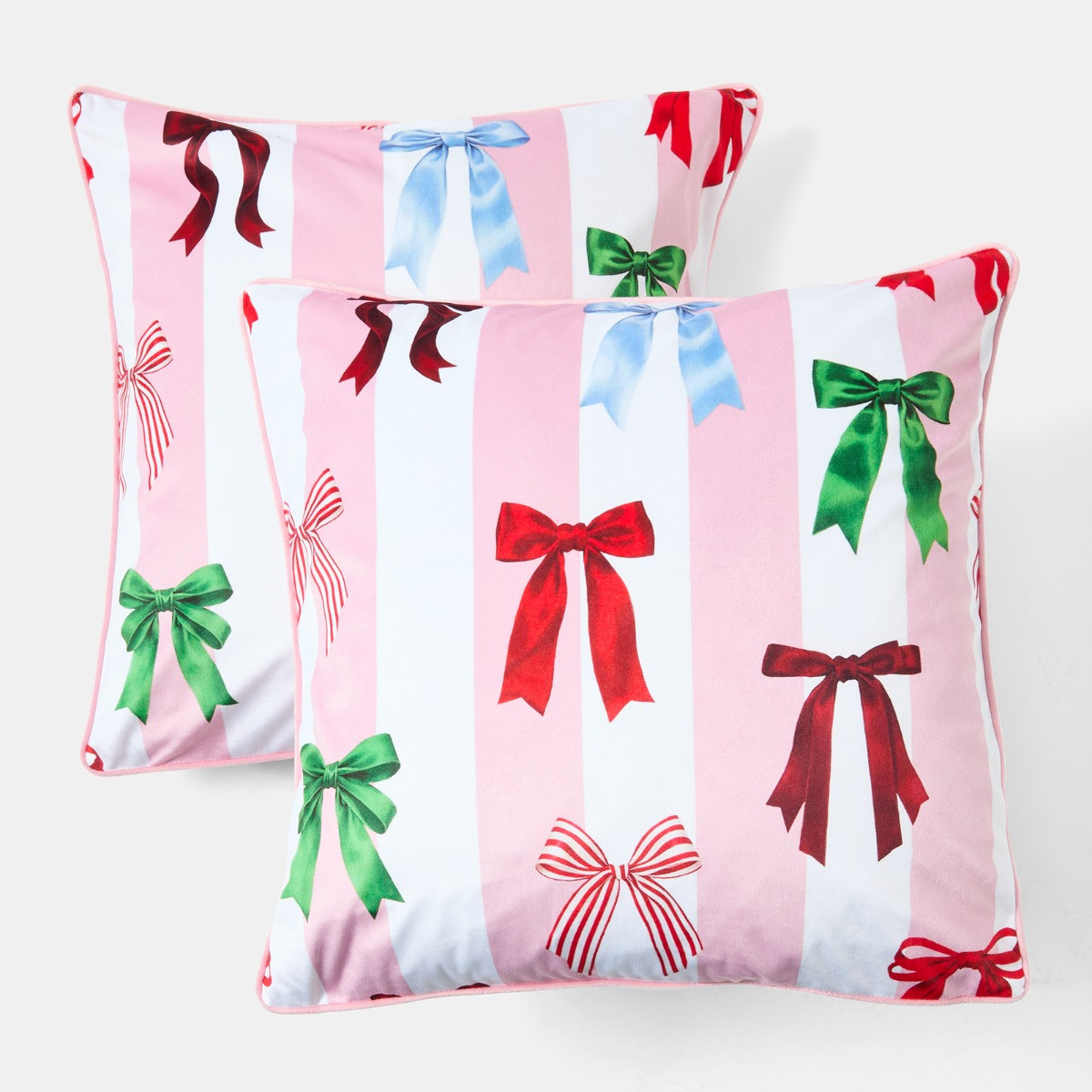 OHS Multi Bow Stripe Matte Velvet Cushion Covers - Pink/White>