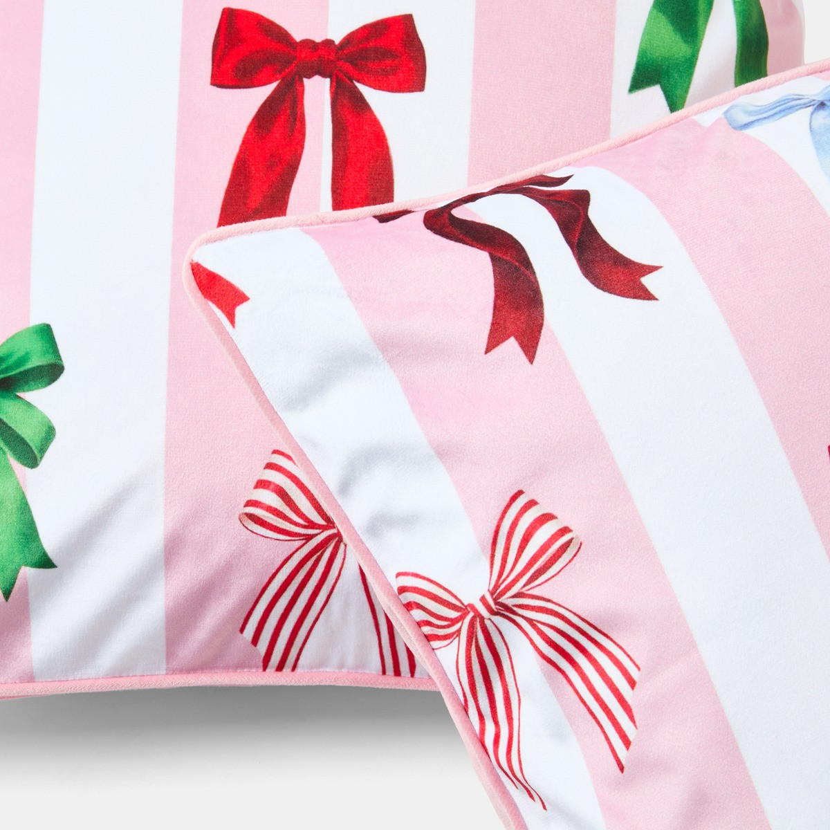 OHS Multi Bow Stripe Matte Velvet Cushion Covers - Pink/White>