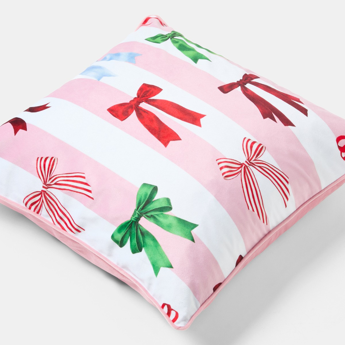 OHS Multi Bow Stripe Matte Velvet Cushion Covers - Pink/White>