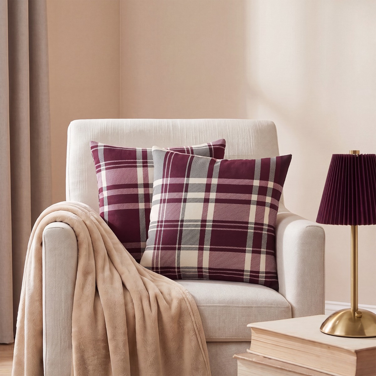 OHS Woven Check Cushion Covers - Burgundy>