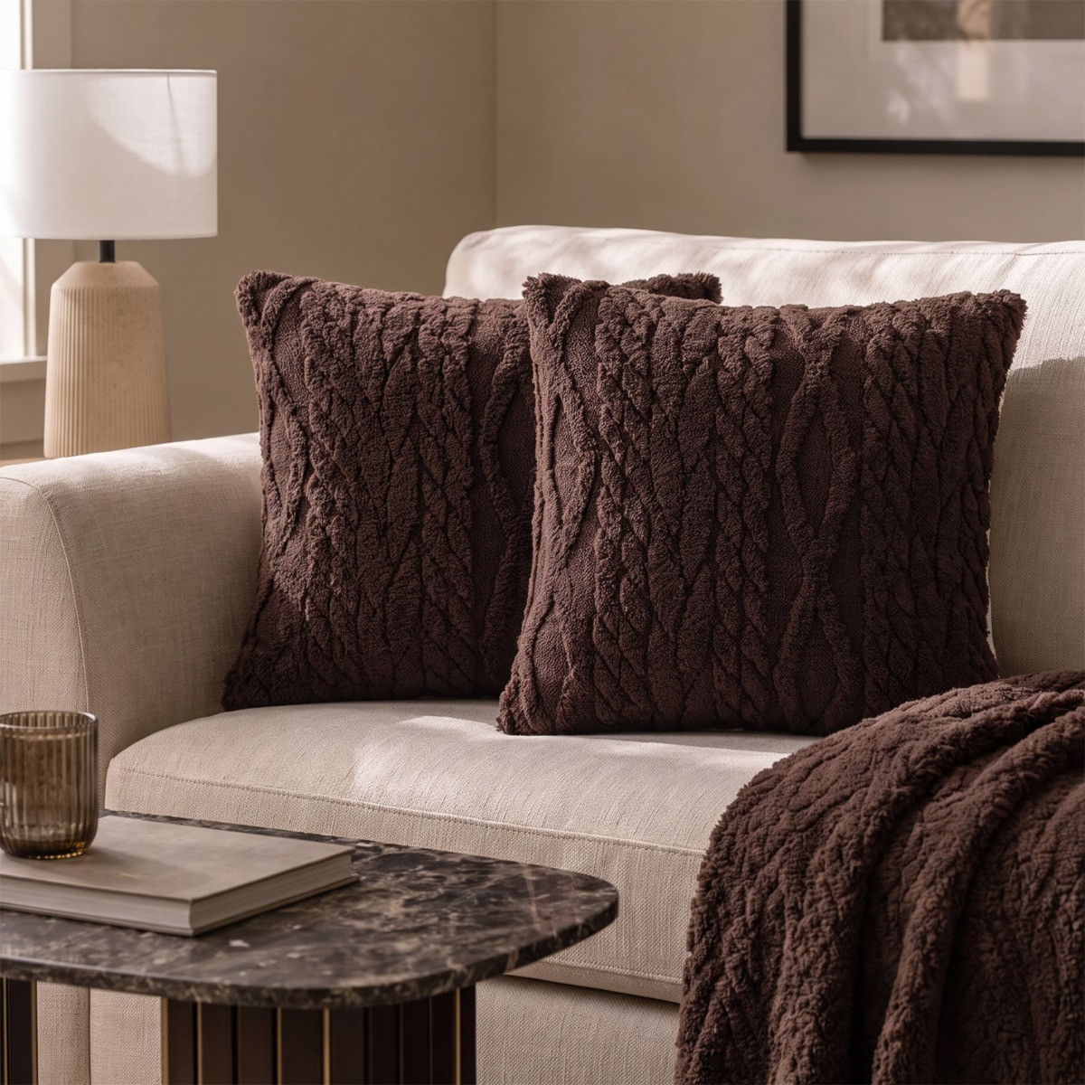 OHS Cable Knit Cushion Covers - Brown>