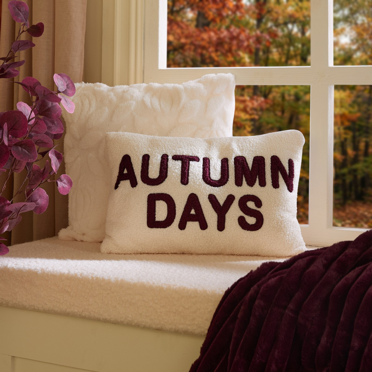 OHS Autumn Days Slogan Cushion - Cream/Burgundy>