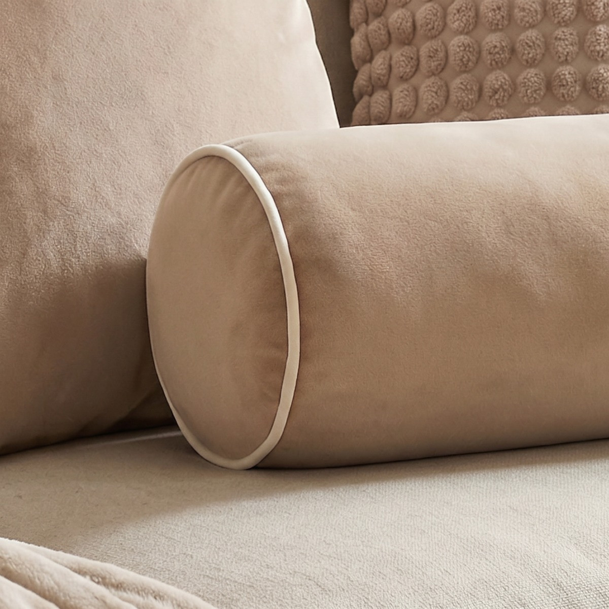 OHS Matte Velvet Bolster Cushion - Natural/Cream>