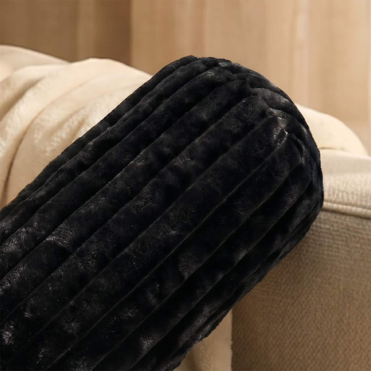 OHS Faux Fur Ribbed Bolster Pillow - Black>