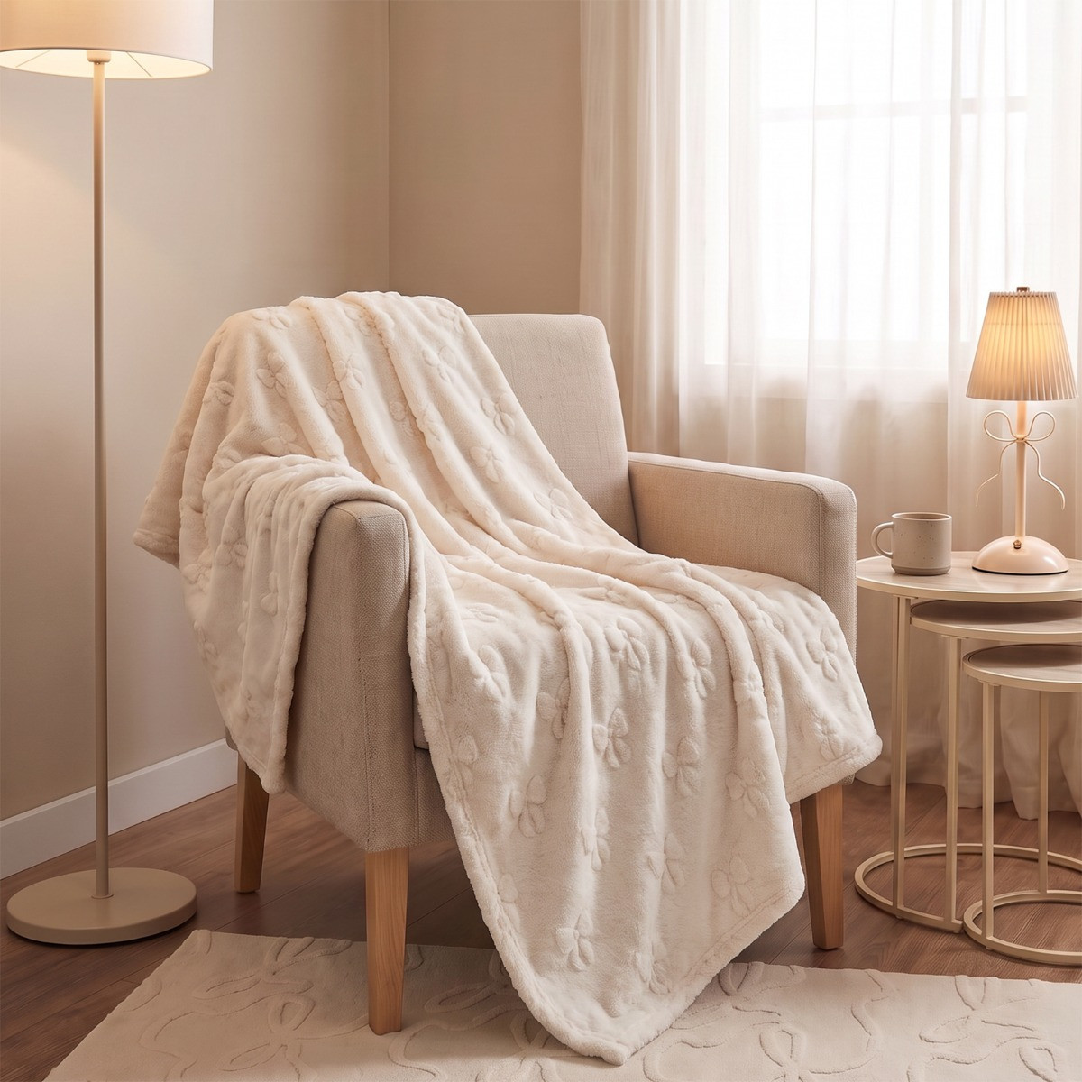 OHS Tufted Bow Teddy Fleece Throw - Ivory>