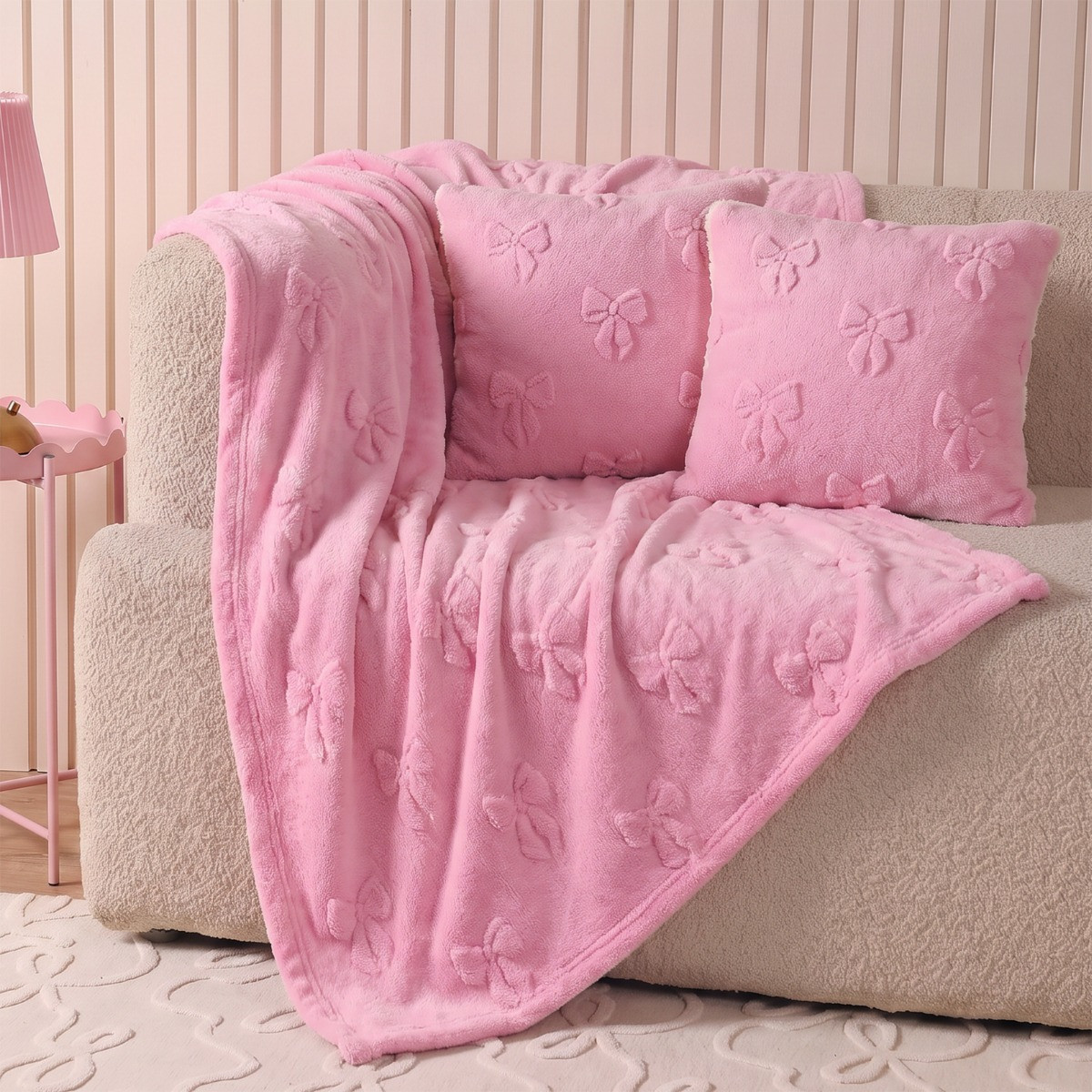 OHS Tufted Bow Teddy Fleece Throw - Blush>