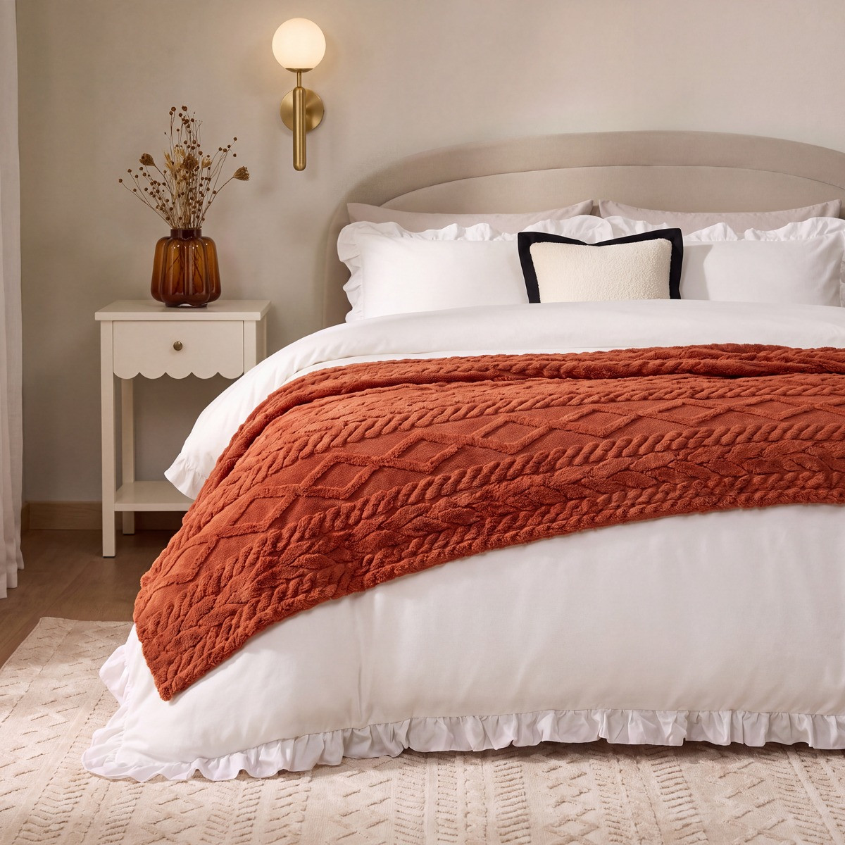 OHS Cable Knit Sherpa Throw - Rust>