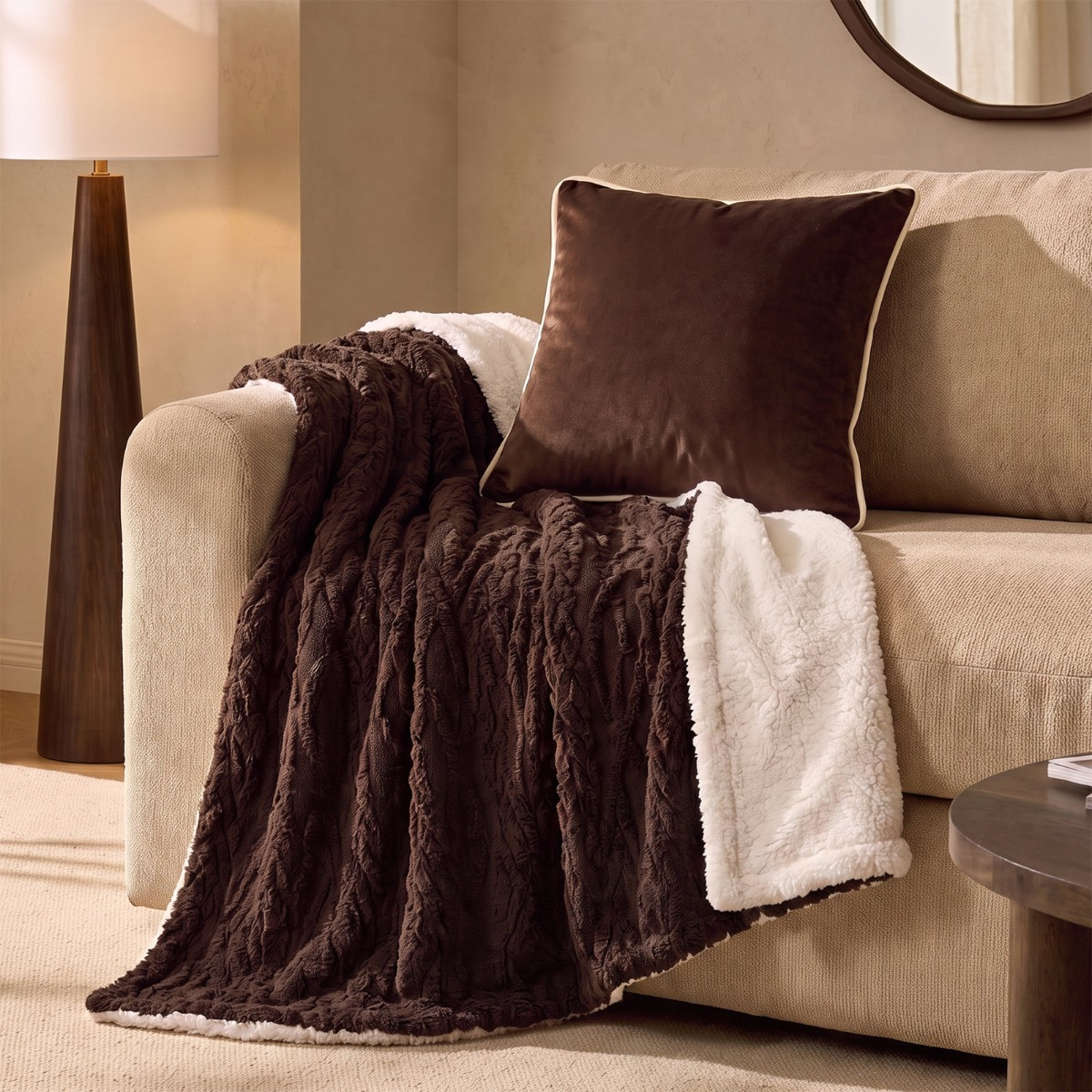 OHS Cable Knit Sherpa Throw - Brown>
