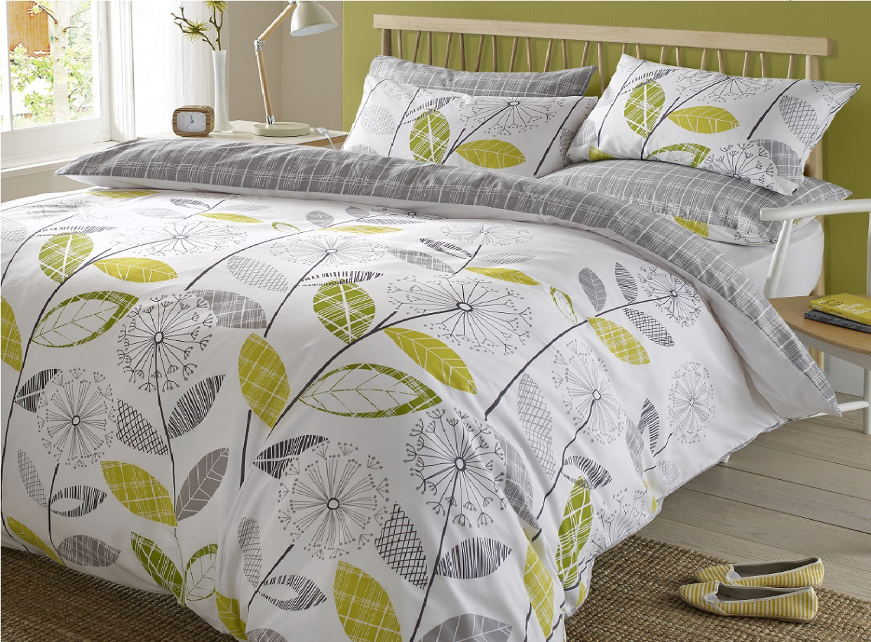 Dreamscene Allium Floral Tartan Check Bedding Single Duvet Cover Set - Grey/White>