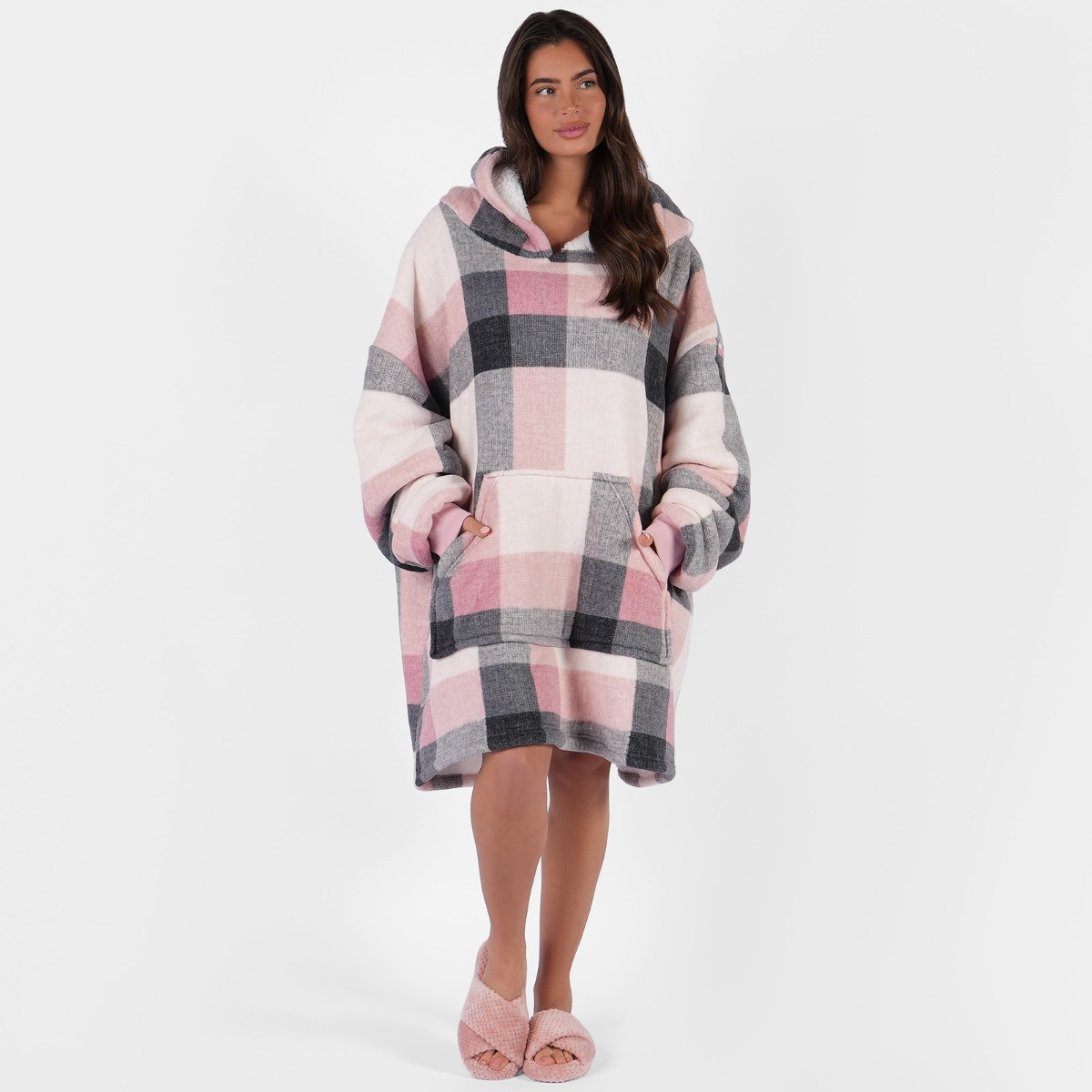 Dreamscene Tartan Winter Check Sherpa Hoodie Blanket, Adults - Blush>