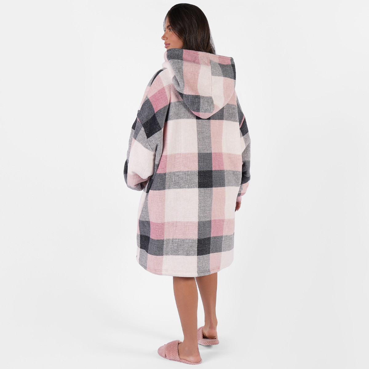 Dreamscene Tartan Winter Check Sherpa Hoodie Blanket, Adults - Blush>