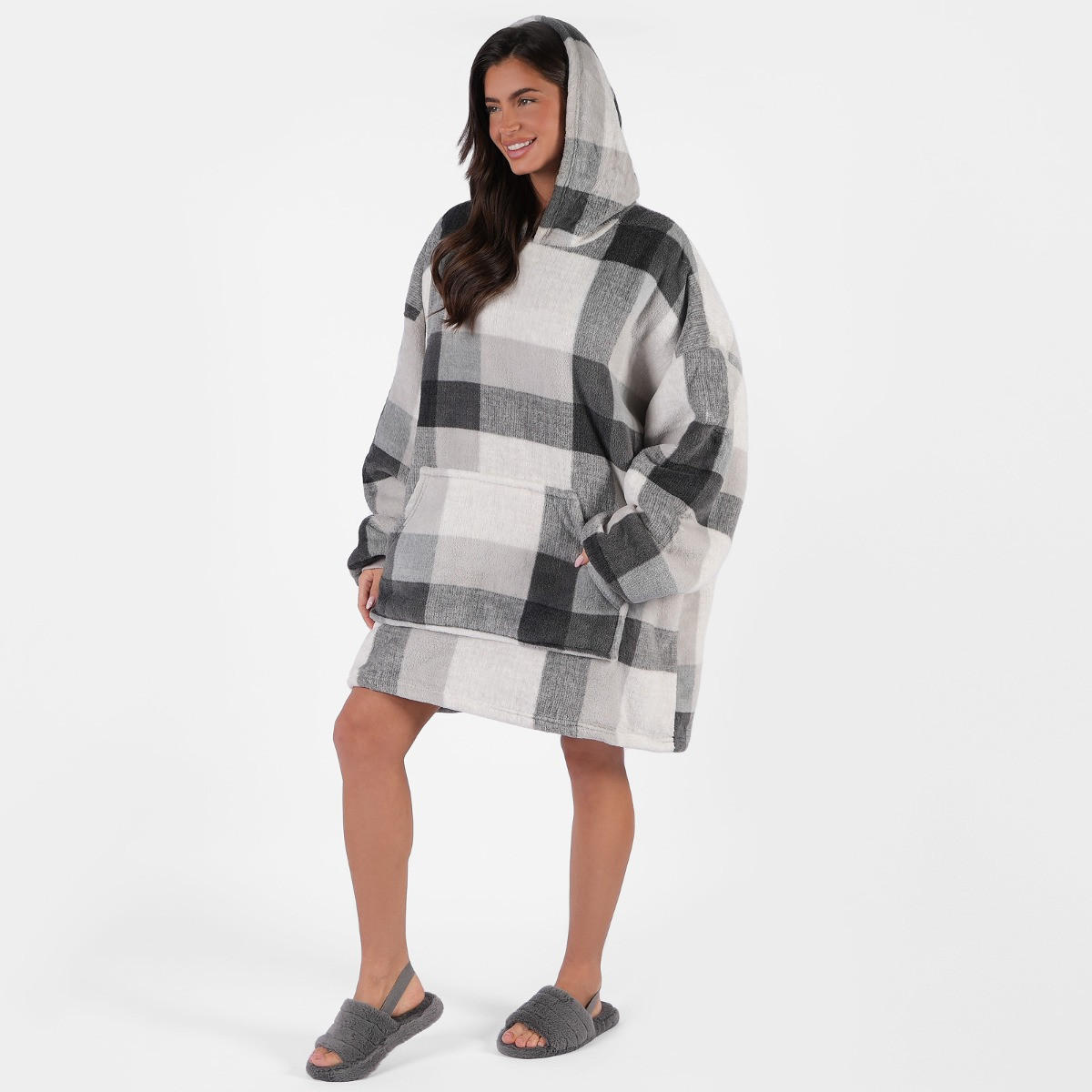 Dreamscene Tartan Winter Check Sherpa Hoodie Blanket, Adults - Grey>