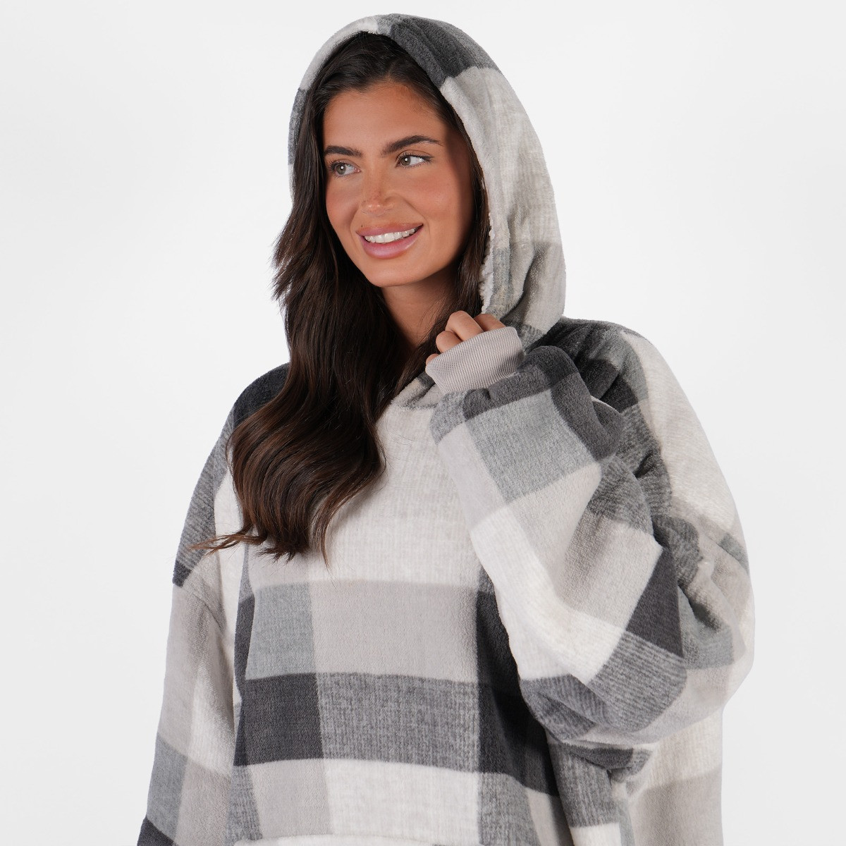 Dreamscene Tartan Winter Check Sherpa Hoodie Blanket, Adults - Grey>