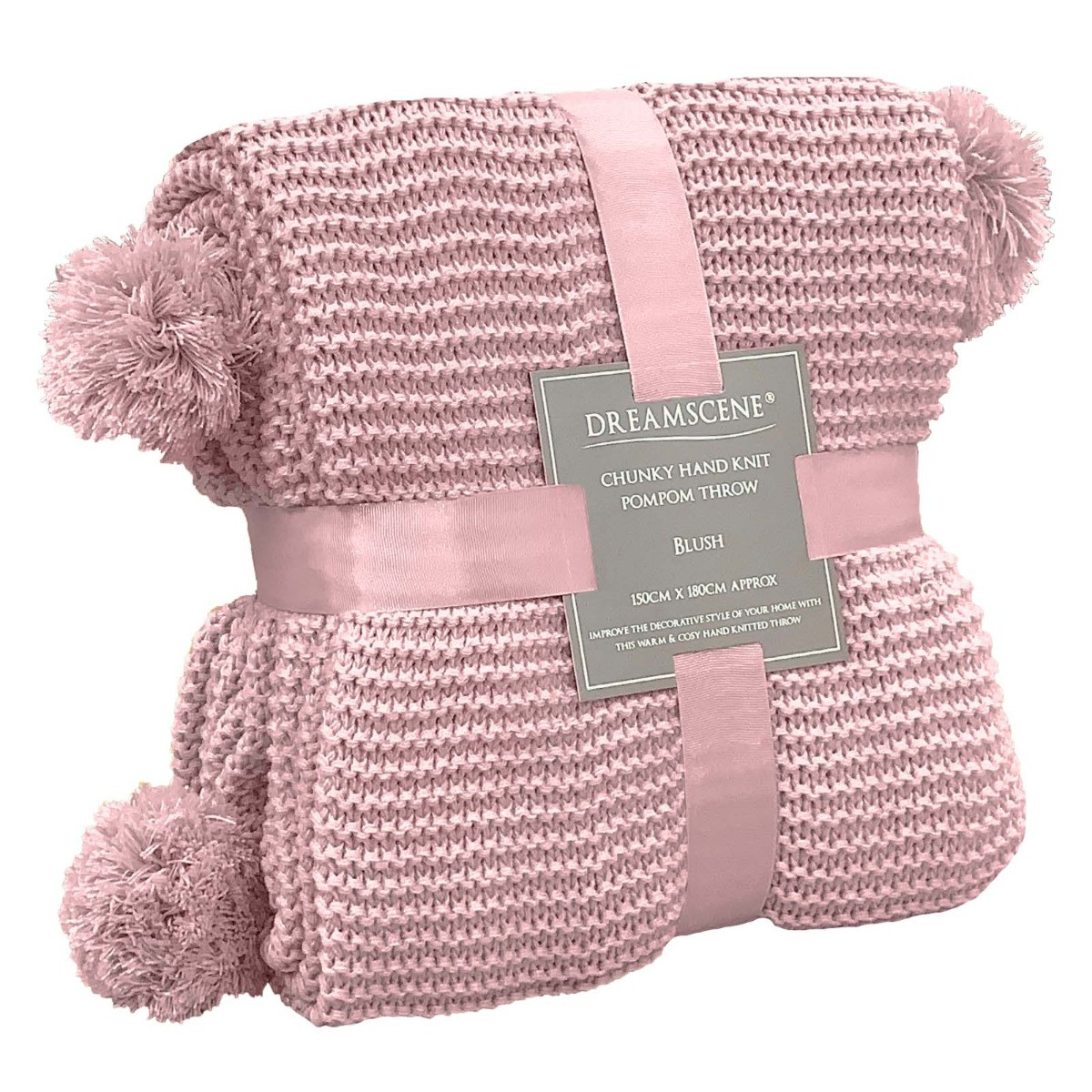 Dreamscene Large Chunky Knit Pom Pom Throw, Blush Pink - 150 x 180cm>