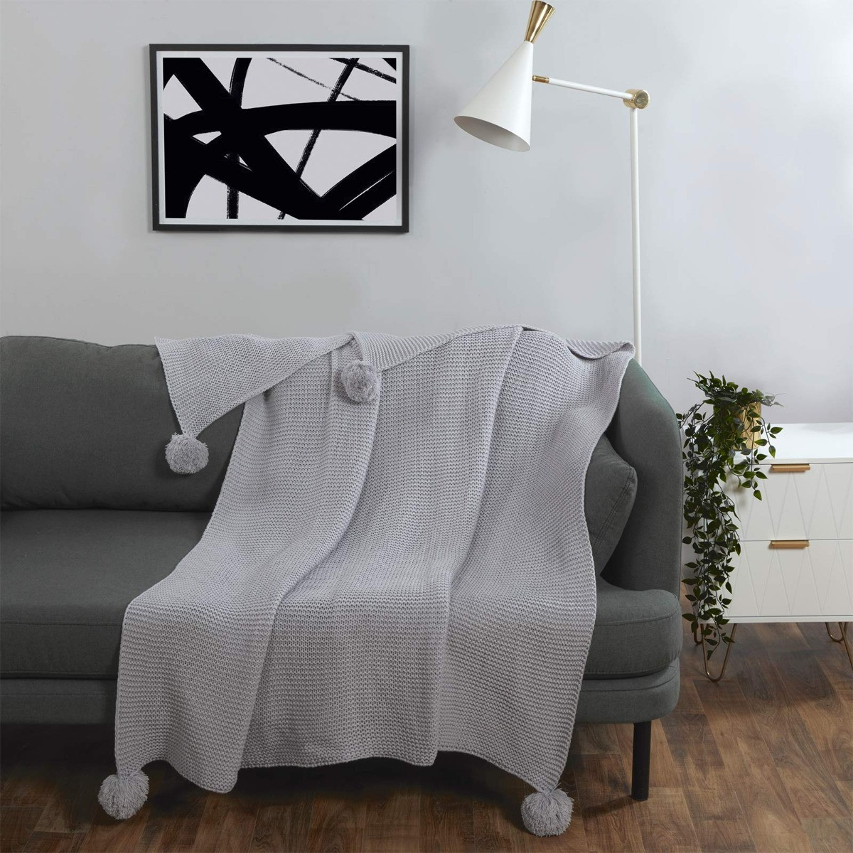Dreamscene Large Chunky Knit Pom Pom Throw, Silver Grey - 150 x 180cm>