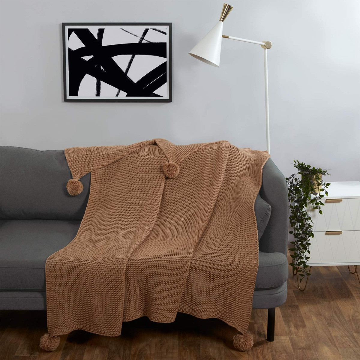 Dreamscene Chunky Knit Pom Pom Throw, Natural - 150 x 180cm>