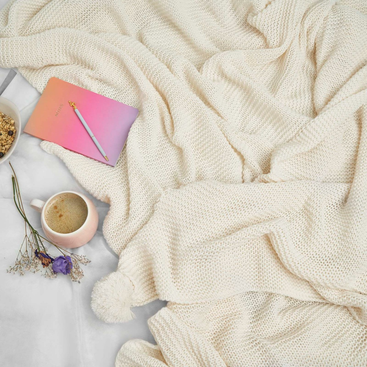 Dreamscene Chunky Knit Pom Pom Throw, Cream - 150 x 180cm>