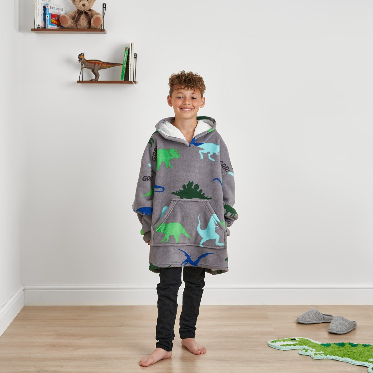 Dreamscene Dinosaur Print Hoodie Blanket, Kids - Grey>