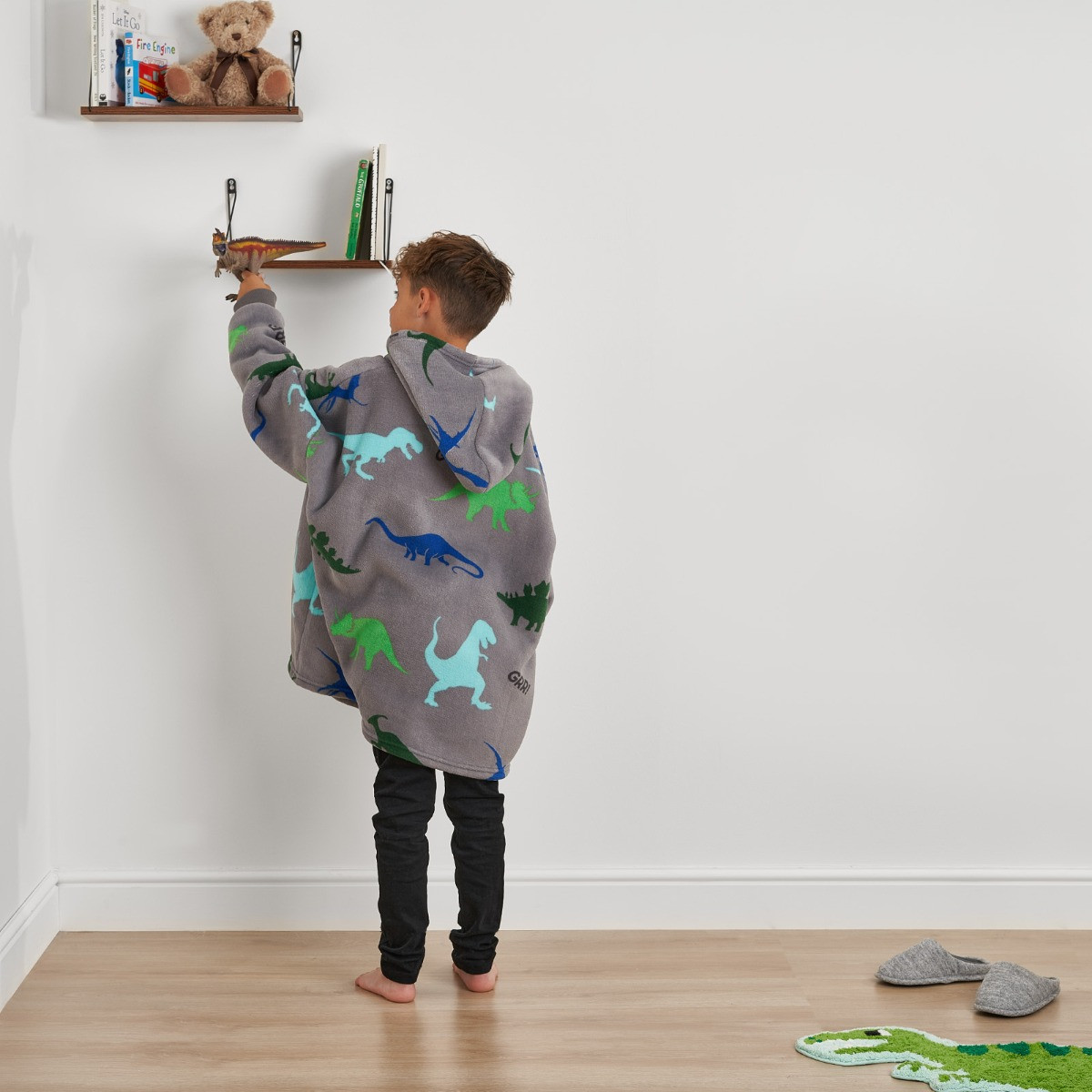 OHS Dinosaur Print Hoodie Blanket, Kids - Grey>