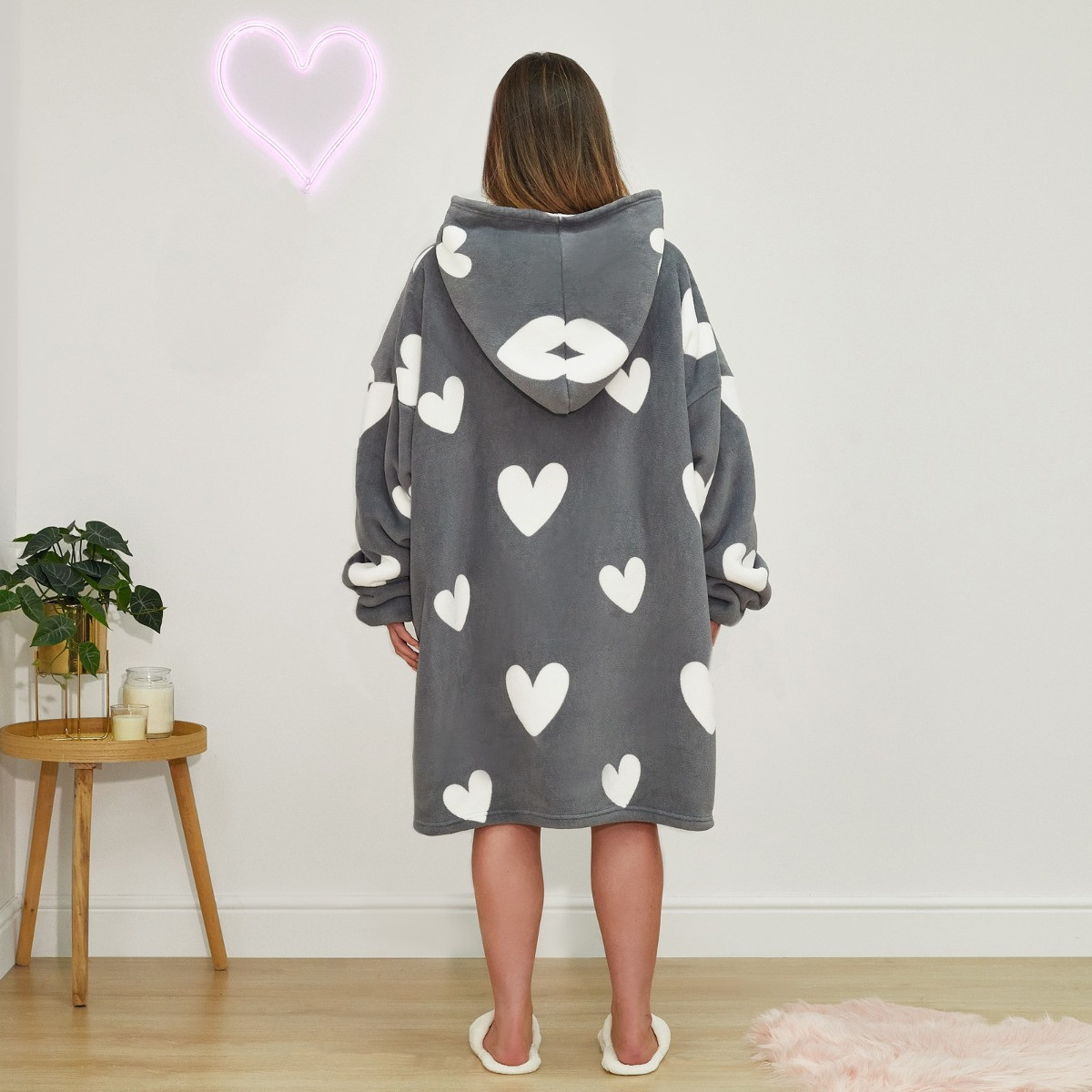 Dreamscene Heart Print Hoodie Blanket - Charcoal>
