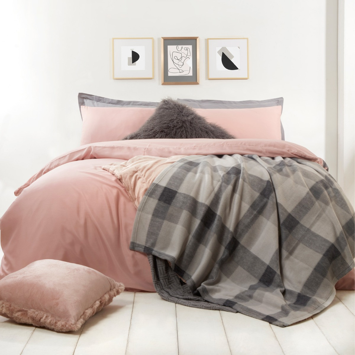 OHS Tartan Check Fleece Throw, Grey - 200 x 240cm>