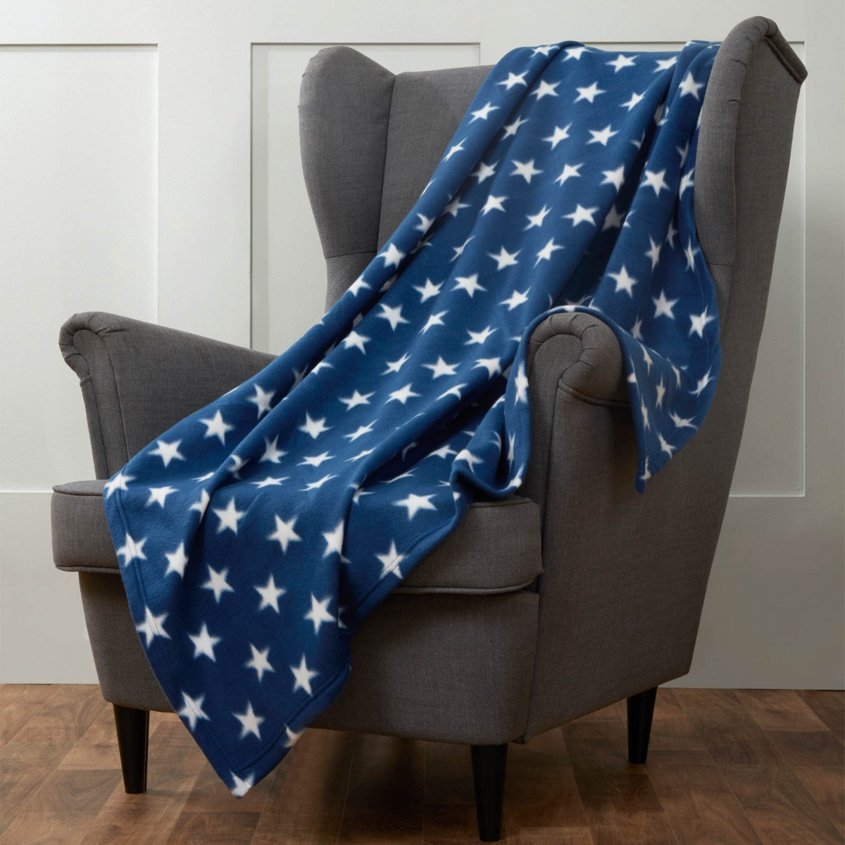 OHS Star Print Fleece Throw, Navy - 120 x 150cm>