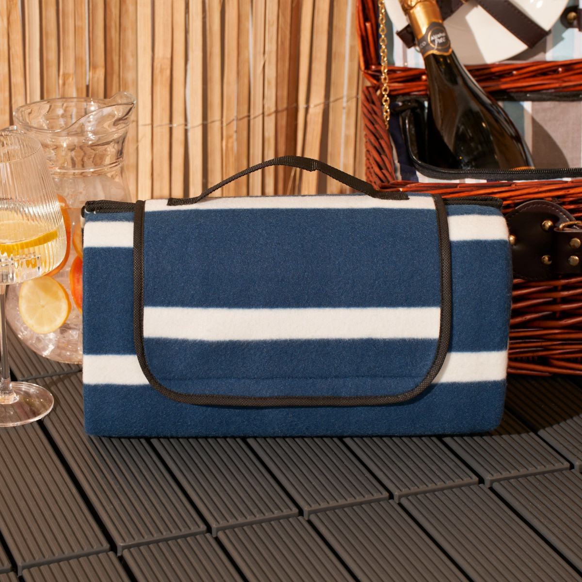 OHS Foldable Picnic Blanket, Navy And White Stripe - 130 x 150 cm>