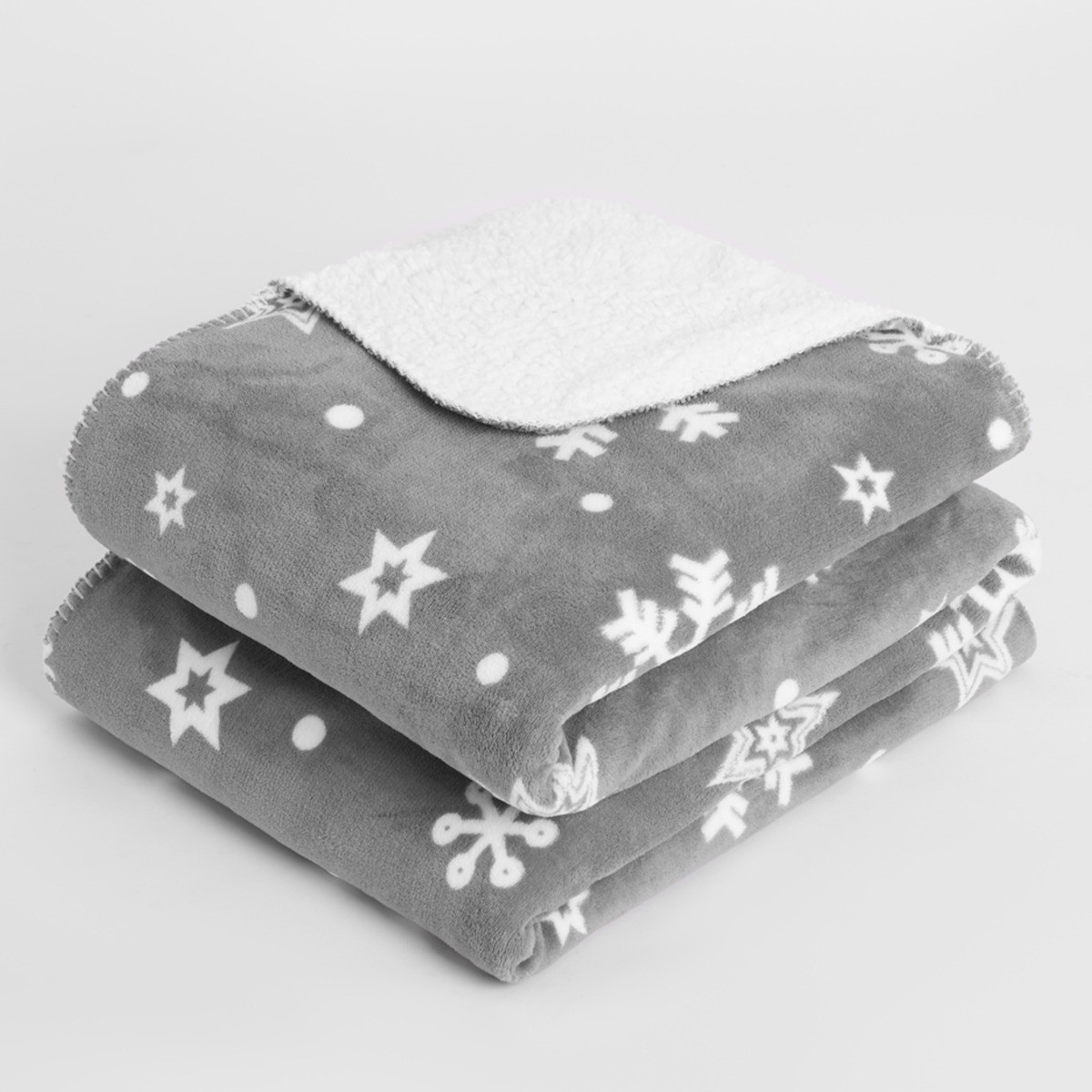 Dreamscene Snowflake Print Sherpa Throw, Grey - 150 x 180cm>