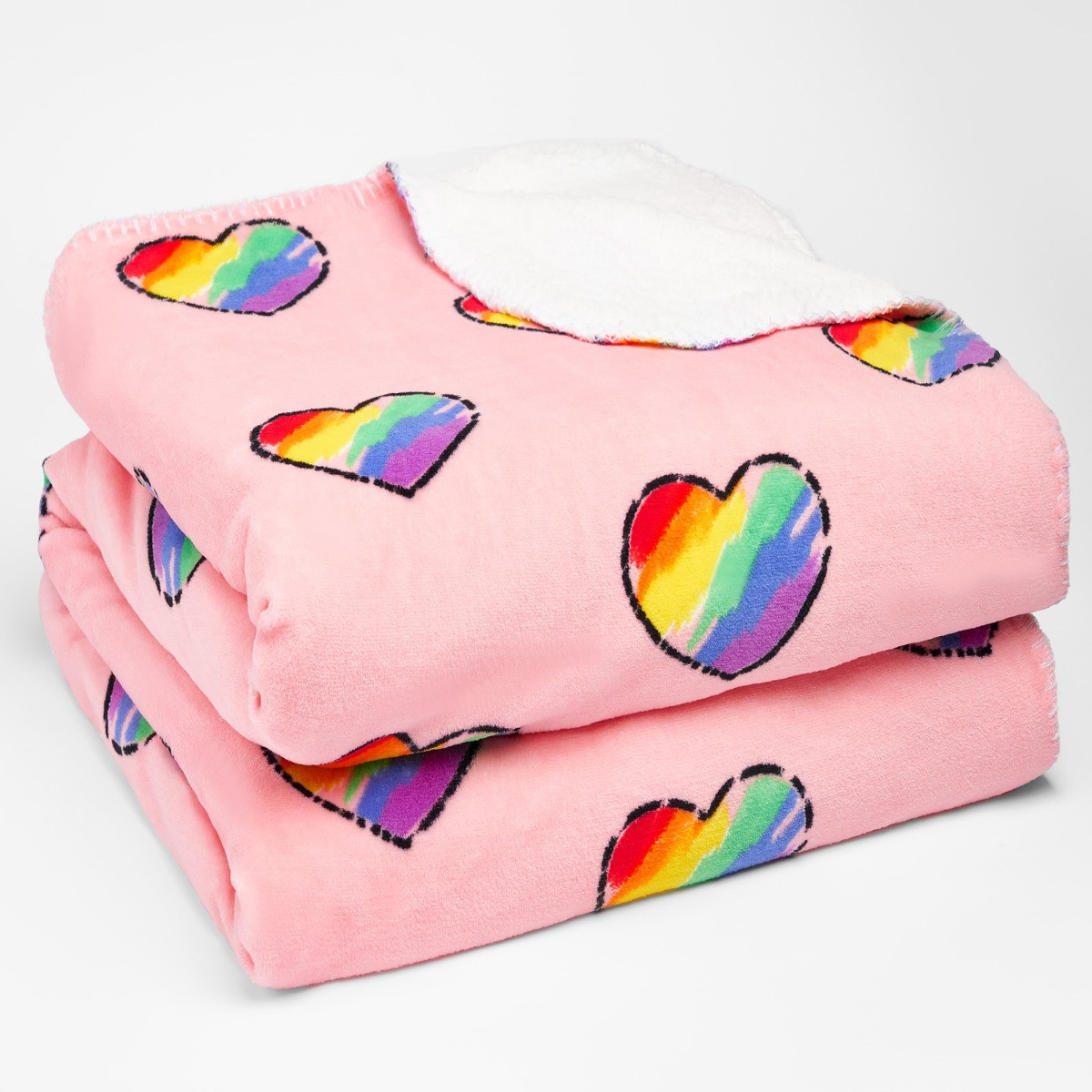 OHS Rainbow Hearts Print Sherpa Throw, 150 x 180cm Blush