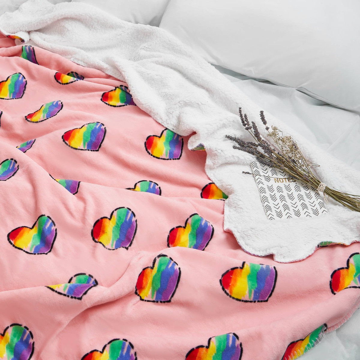 Dreamscene by OHS Rainbow Hearts Print Sherpa Throw, 60 x 70 inches - Blush>
