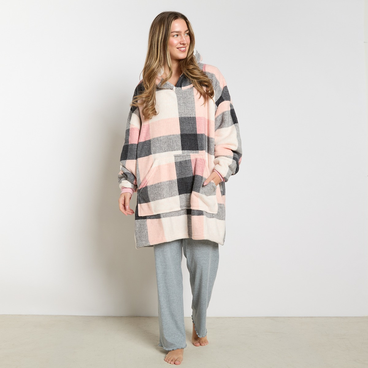 OHS Tartan Winter Check Sherpa Hoodie Blanket, Adults - Blush>