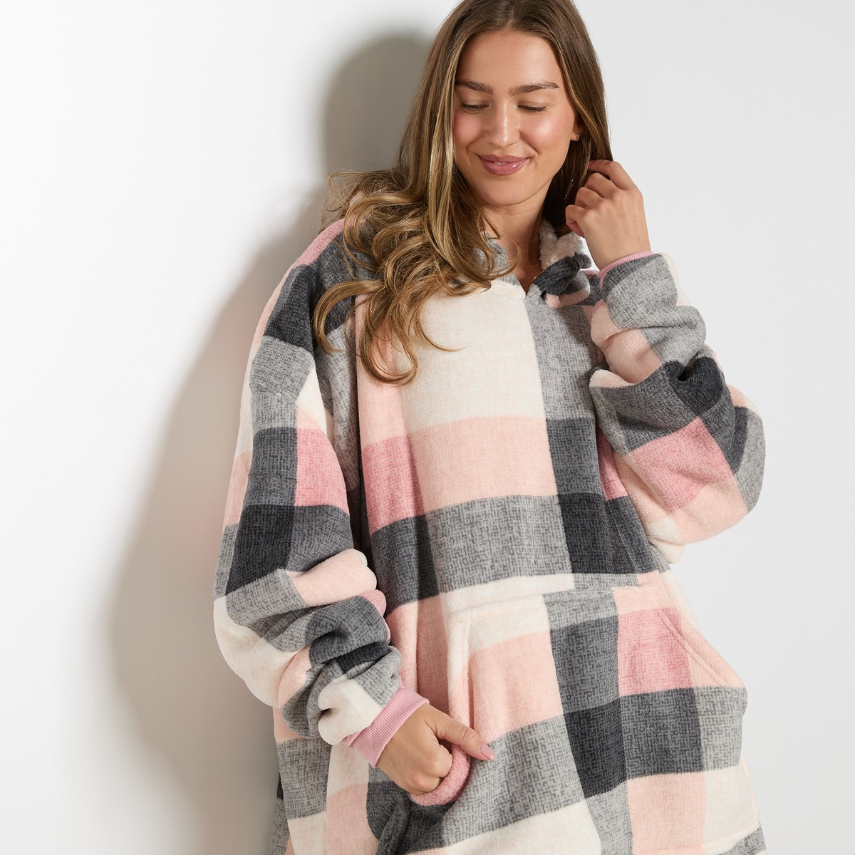 OHS Tartan Winter Check Sherpa Hoodie Blanket, Adults - Blush>