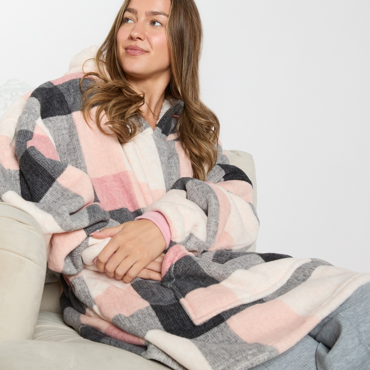 OHS Tartan Winter Check Sherpa Hoodie Blanket, Adults - Blush>