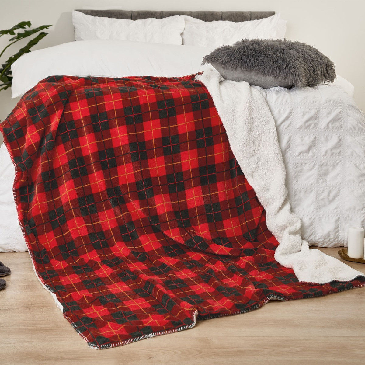 Dreamscene Large Tartan Sherpa Flannel Fleece Throw Blanket, Check Red - 150 x 180cm>