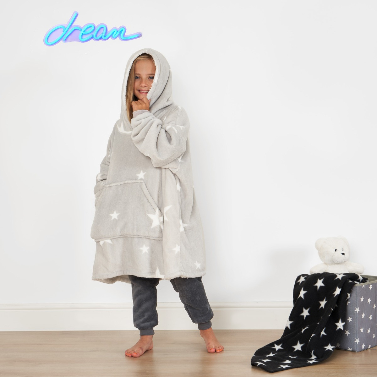 Dreamscene Star Print Hoodie Blanket, Kids - Grey>
