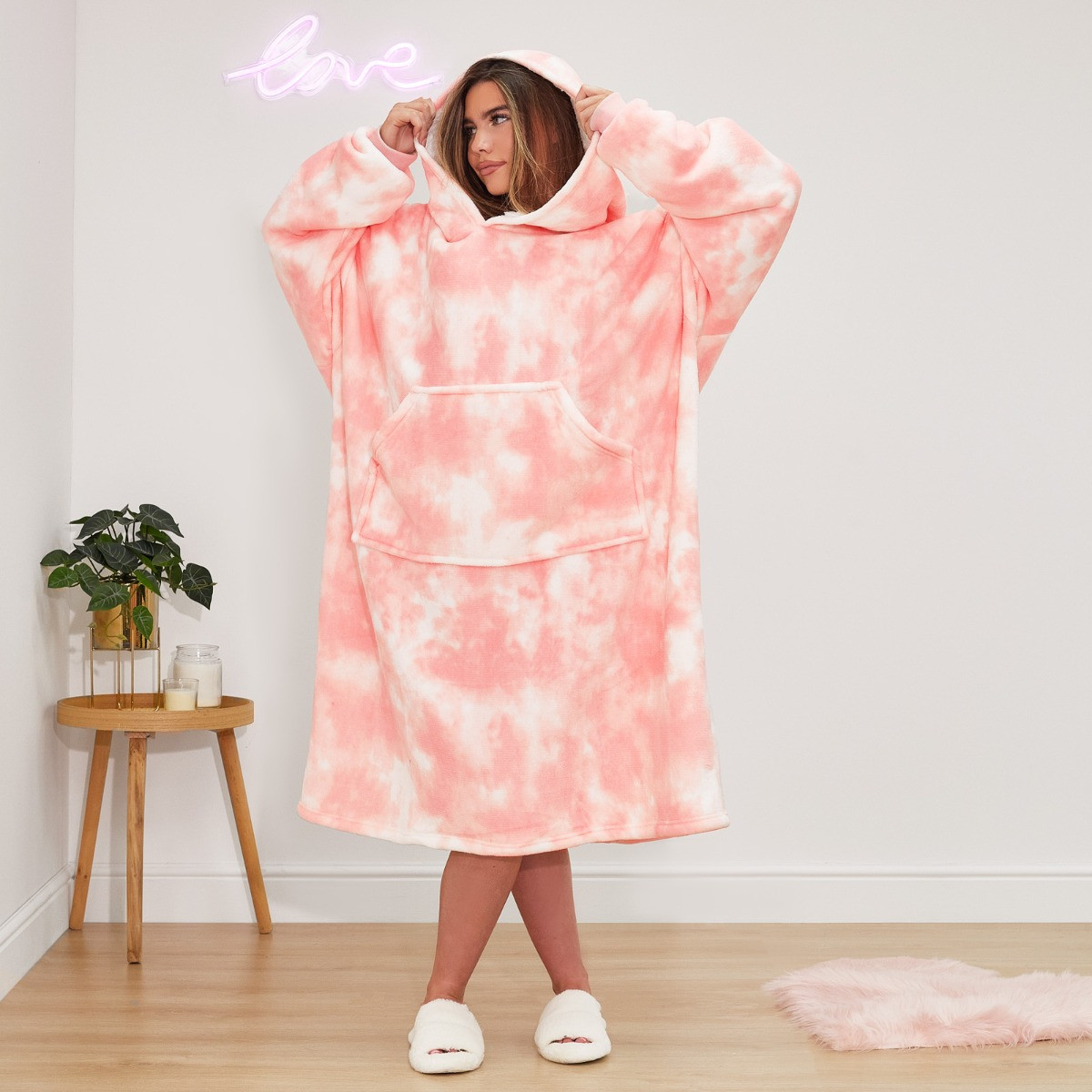Dreamscene Extra Long Tie Dye Hoodie Blanket - Blush Pink>